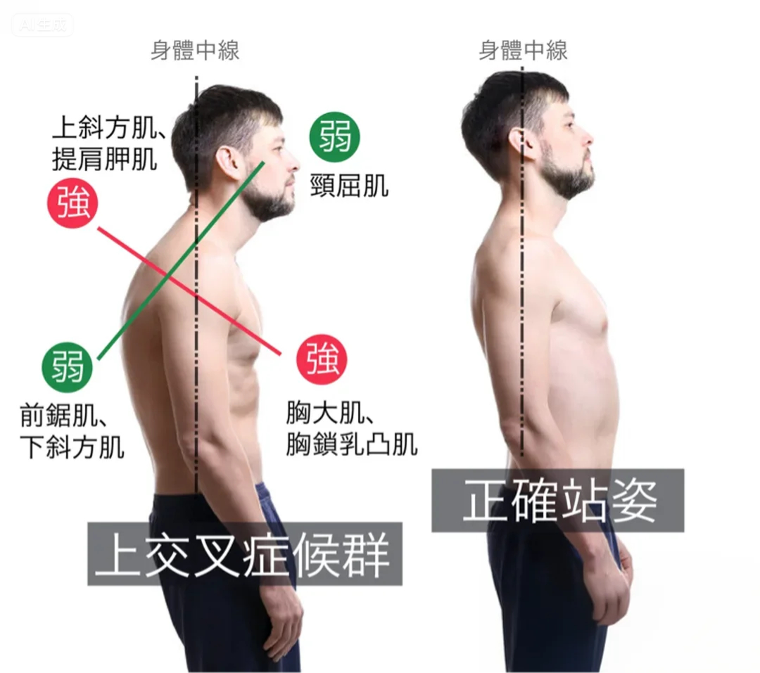【探颈-圆肩-驼背对比图】